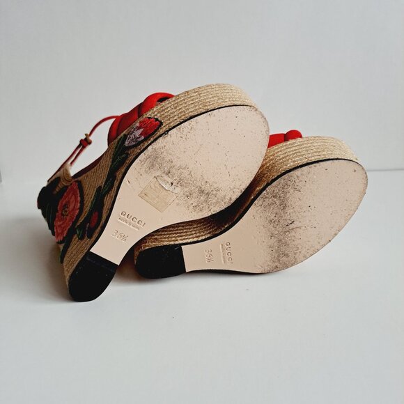 Gucci Red Suede Floral Embroidered Wedge Platform Ankle Strap Size 36.5 - Picture 14 of 16